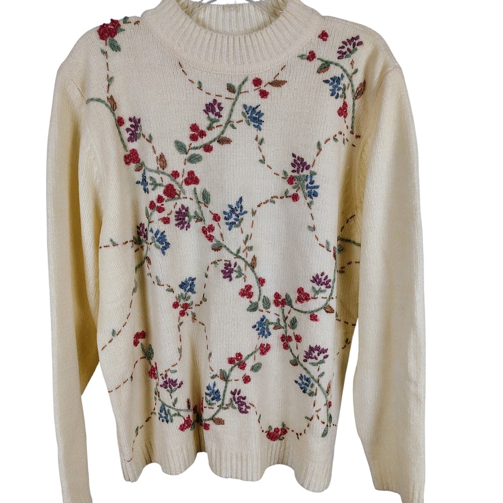 Alfred Dunner Womens XL Sweater Cream Floral Embroidered Chenille Cottagecore